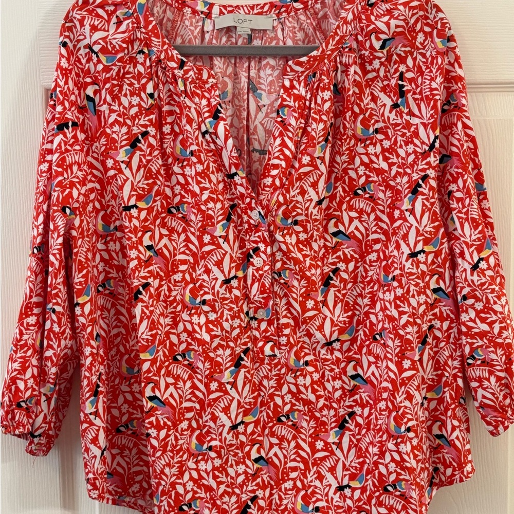 LOFT  Red Tropical Bird Blouse